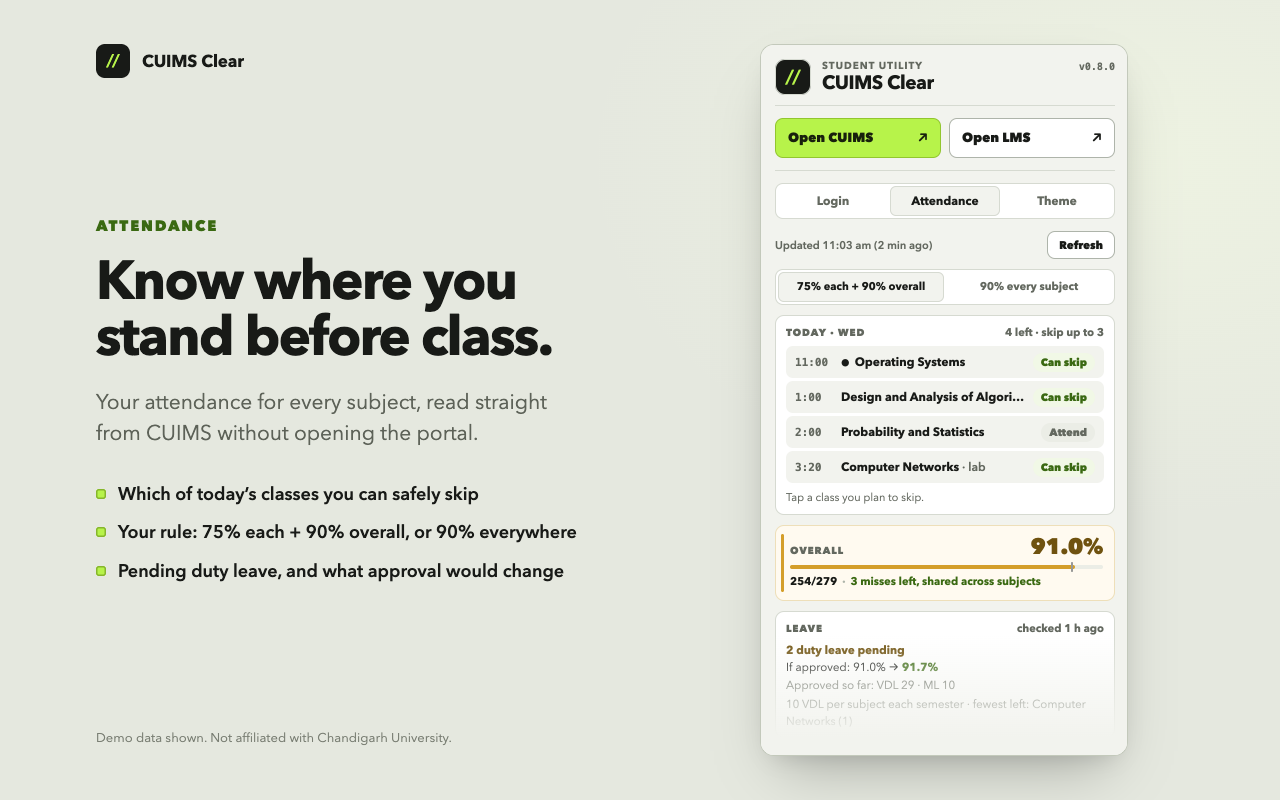 CUIMS Clear attendance view with per-subject classes, attendance totals and pending duty leave, using demo data.